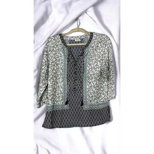 Antilia Femme Printed Boho 3/4 Sleeve Blouse Size L Tassel Neck Tie